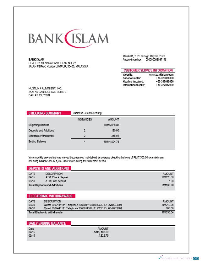 Download Bank Islam company account statement Word and PDF template Photoshop template